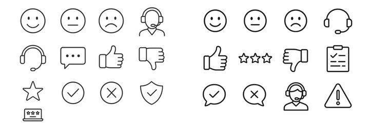 Vector flat illustration displaying various communication and feedback icons commonly used in customer service environments
