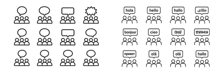 Diverse group of people communicating in various languages and styles in a flat vector illustration format