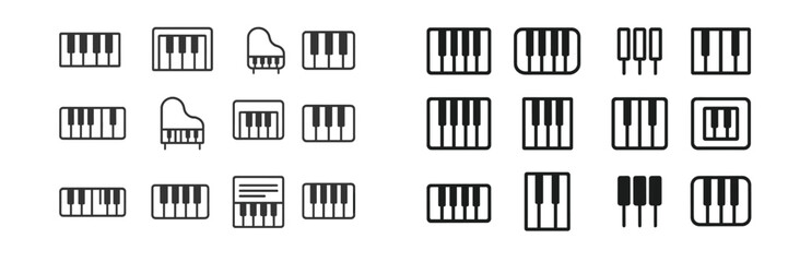 Collection of various piano icons and illustrations in a flat vector style showcasing different keyboard designs