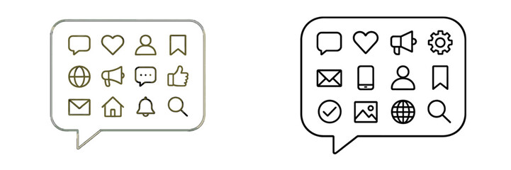 Vector flat illustration of various communication icons in speech bubbles showcasing interactions in a digital environment
