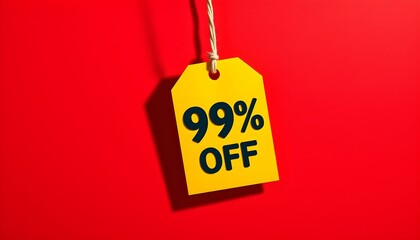 A bright yellow discount tag hanging, displaying a large 99% off offer against a red background.