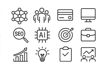 Vector flat illustration showcasing technology and teamwork elements related to AI, SEO, and business growth in a modern workspace