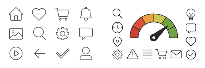 Collection of vector flat icons depicting user interface elements and communication symbols, suitable for web and mobile applications