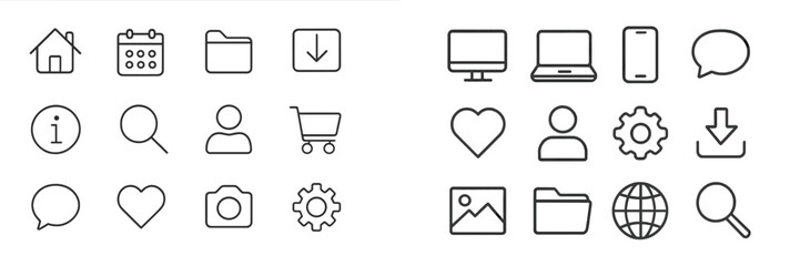 Vector flat illustration of various icons representing online activities and user experiences in a modern digital environment