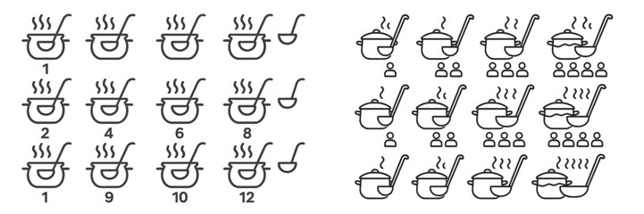 Cooking pots prepare delicious meals with steam rising in a vector flat style illustration showcasing various dishes