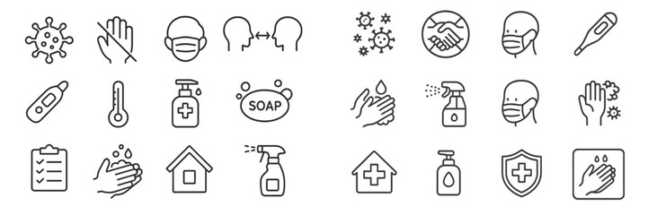 Vector flat illustration showcasing health and hygiene practices during a pandemic, featuring handwashing, masks, and sanitation tools