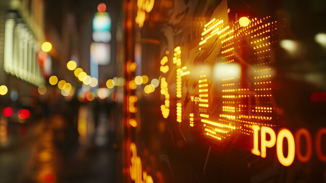 Close-up of golden stock market ticker displaying IPO with financial charts, symbolizing investment opportunities and capital market growth. Financial business and trading concept.