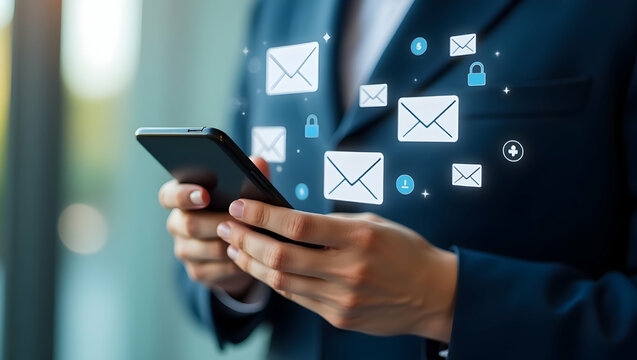 E-Commerce Businessperson checking secure email confirmations for fintech transactions on a mobile device, with floating icons for authentication, account activity, and payment alerts (2)