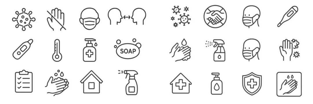 Vector flat illustration showcasing health and hygiene practices during a pandemic, featuring handwashing, masks, and sanitation tools