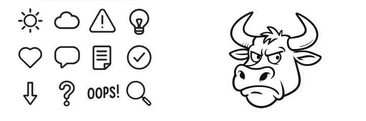 Cartoon cow face with expressive emotions and various icons representing everyday concepts