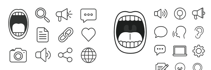 Vector flat illustration showing various communication symbols and an open mouth emphasizing expressions and interactions in the digital age