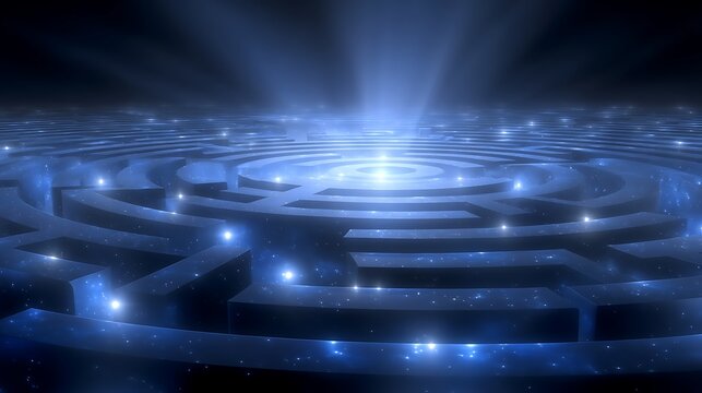 Glowing Blue Maze with Abstract 3D, and Challenge Concept.
