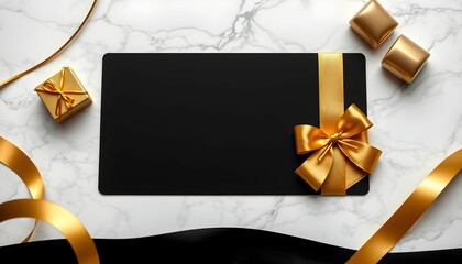 Elegant black gift card adorned with a golden ribbon and bow, accompanied by small golden gifts and ribbons on a marble surface.