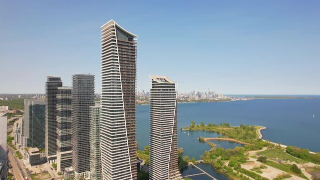 Aerial view of Mimico&rsquo;s waterfront epic cityscape. Summer vibes at Marine Parade and Lake Shore West. Chic condos with stunning lake views, vibrant park, and urban living in Etobicoke near Toronto.