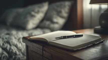 Open notebook and pen on a wooden nightstand beside a bed with pillows in a dimly lit room setting