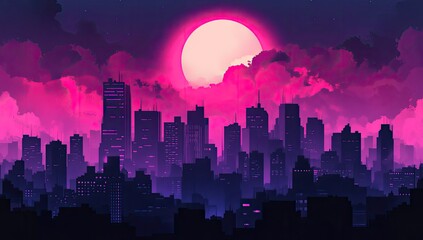 Neon city at night under a pink moon