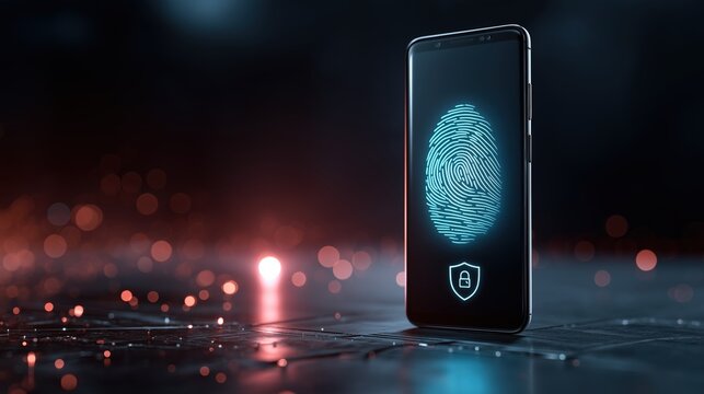 Smartphone with glowing holographic shield and lock with fingerprint scanner, concept of data protection, cyber security, information privacy, biometric password and digital security