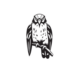 Vector art of a stern black and white vector owl perches on a branch, isolated on white background