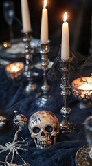 Spooky Halloween Table Setting with Skull and Candles