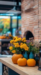 Autumnal Still Life with Pumpkins and Chrysanthemums on Rustic Wooden Counter