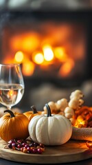 Cozy Autumn Still Life with Pumpkins, Wine, and Fireplace
