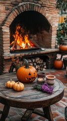 Cozy Autumn Evening by the Fireplace with Carved Pumpkins and Candles