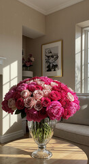 Bouquet of pink and peach roses in crystal vase on living room table  