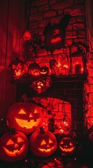 Spooky Halloween Fireplace with Carved Pumpkins and Glowing Candles