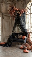 Spooky Halloween Interior Design with Vintage Sofa and Autumnal Decor