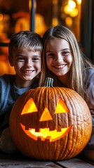 Brother and Sister with Lit Jack-o'-lantern for Halloween