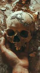 Hand Holding Ancient Skull in Ruins