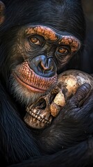 Chimpanzee Holding a Skull A poignant study of mortality and primate intelligence