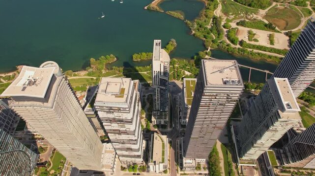 Aerial view of Mimico&rsquo;s waterfront epic cityscape. Summer vibes at Marine Parade and Lake Shore West. Chic condos with stunning lake views, vibrant park, and urban living in Etobicoke near Toronto.