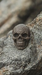Memento Mori Intricate Skull Figurine Resting on Rough Stone