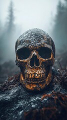 Frozen Skull in Misty Forest Eerie Halloween or Gothic Still Life