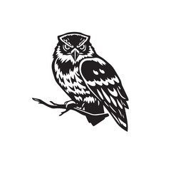 Vector art of a watchful owl perches on a branch, isolated on white background