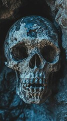 Ancient Human Skull in Dark Cave Niche