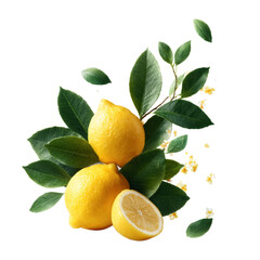 [Transparent Background PNG]Fresh Lemons with Leaves and Flowers