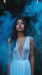 Enigmatic Beauty in Smoky Veil Woman in White Lace Dress
