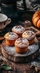 Autumnal Pumpkin Muffins on Rustic Wooden Board