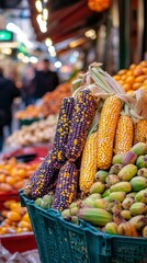 Colorful Corn and Exotic Fruits at a Vibrant Market Stall