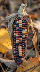 Colorful Indian Corn Cob on Autumn Leaves