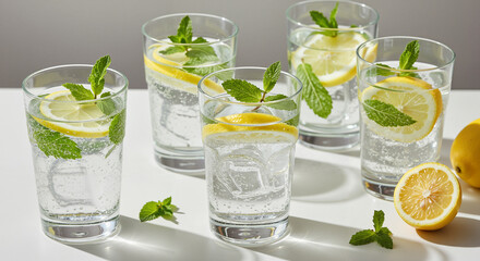 Fototapeta premium Refreshing lemon and mint water served in glasses on white surface 