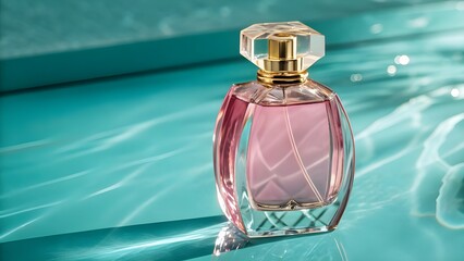Pink Perfume Bottle with Gold Cap on Teal Reflective Surface &ndash; Luxury Fragrance Product Mockup

