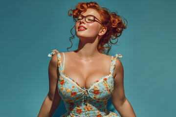 Pin up style image. of a young overweight plump girl with red hair wearing eyeglasses and fashion dress with floral print. 