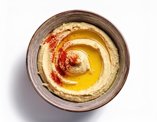 Fresh creamy dip is in a patterned bowl and topped with red spice and oil, the simple food looks delicious and is ready to be eaten on a white surface.