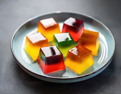 Colorful jelly cubes are arranged nicely on a round plate, they look very tasty and ready to eat, it could be a great dessert for anyone at anytime.