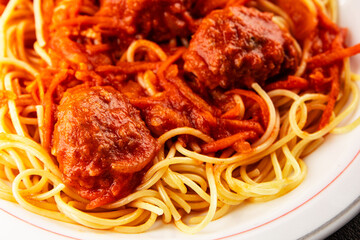 Spaghetti meatballs tomato sauce Italian recipe fresh delicious gourmet food background on the table rustic food top view copy space