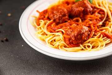Spaghetti meatballs tomato sauce Italian recipe fresh delicious gourmet food background on the table rustic food top view copy space