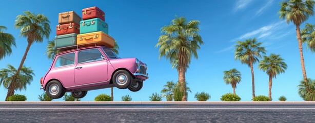 pink car and palm tree